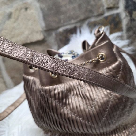 Chanel Coco Pleats Drawstring Chain Lambskin Leather Bucket Bag Purse - Picture 10 of 16